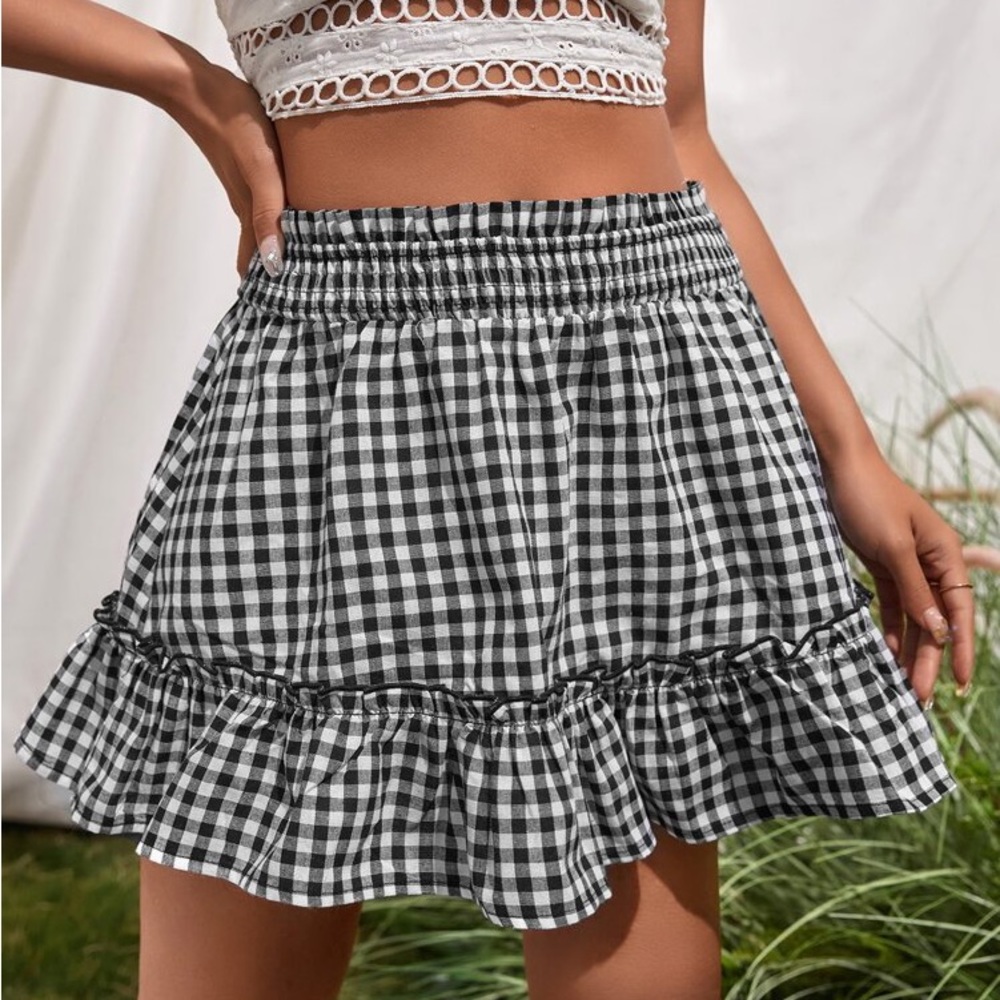 SHEIN Gingham Print Paperbag Waist Ruffle Hem Skirt